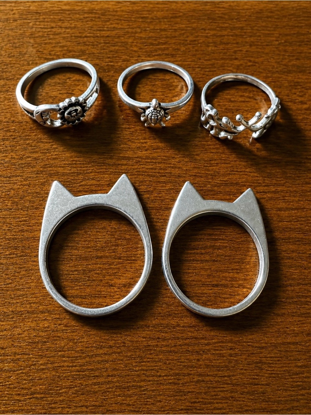 Silver Cat Ear and Animal Accent Stackable Rings - Set of 5